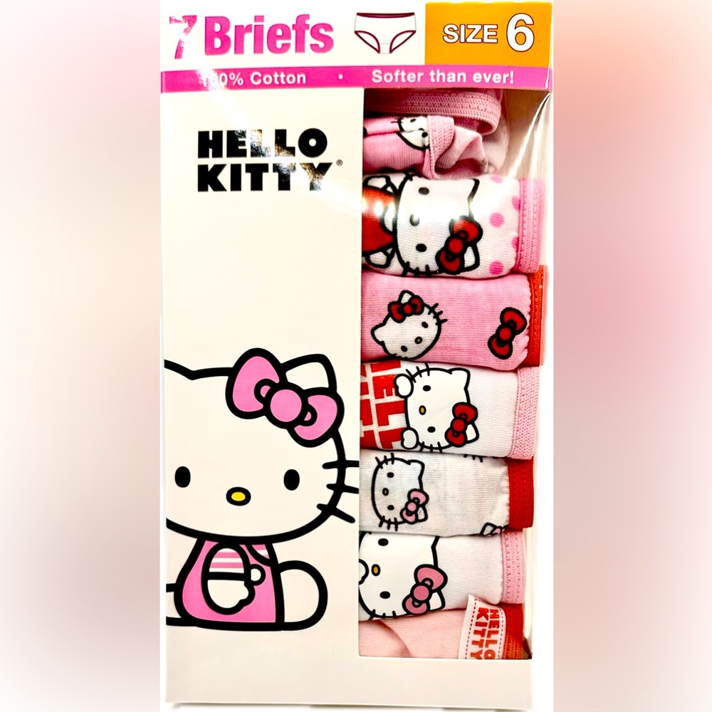 Adorable Hello Kitty, 7 Briefs for Girls’, Size 6, 100% Cotton, Multicolored